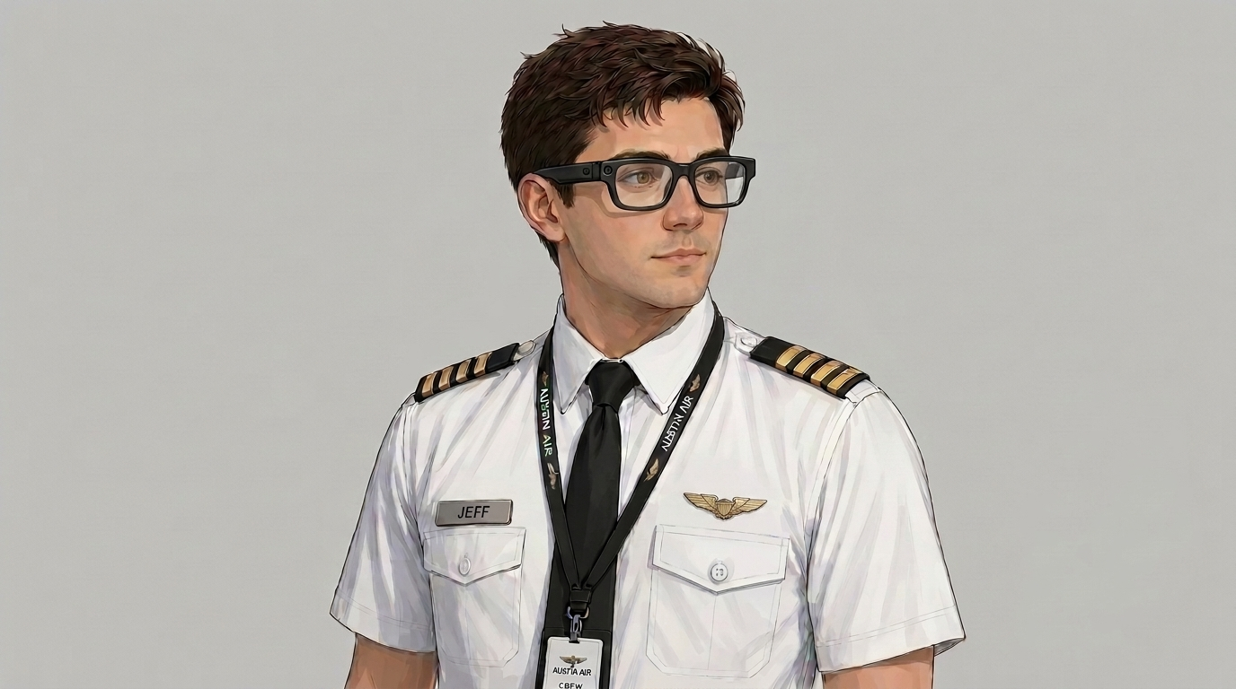 Illustrated profile of Jeff, a young Austin Air captain in uniform